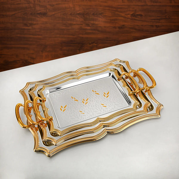 HT2411005 Serving Tray 3-Piece Set – Elegant Gold & Silver Plated Design with Leaf Pattern for Luxurious Serving