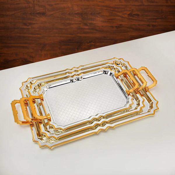 HT2411007 Serving Tray 3-Piece Set – Elegant Gold & Silver Plated Design for Luxurious Serving