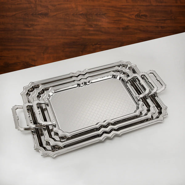 HT2411008 Serving Tray 3-Piece Set – Elegant Silver-Plated Design with Geometric Pattern for Luxurious Serving