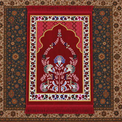 D450 Prayer Mat – Islamic Musalla Janamaz with Floral Arch Design – 70 × 110 cm – Red