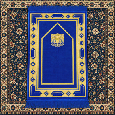 Neferyn Prayer Mat – Islamic Musalla Janamaz with Kaaba & Geometric Border Design – 70 × 110 cm – Blue & Gold