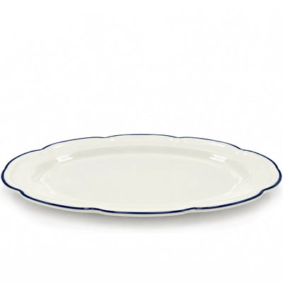 LTS-007 Luhpar Ceramic Oval Serving Plate – 35.8 cm – Embossed Lotus Design with Blue Rim