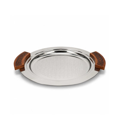 Luhpar Stainless Steel Round Serving Tray Small 34 cm Silver with Brown Wooden Handles Siddiq Gifts