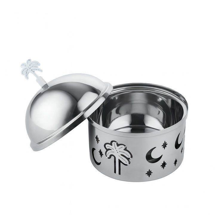 Stainless steel container with decorative elements on a white background