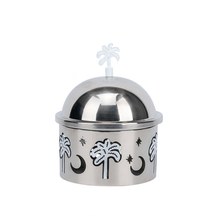 Metallic container with dome lid and decorative designs on a white background