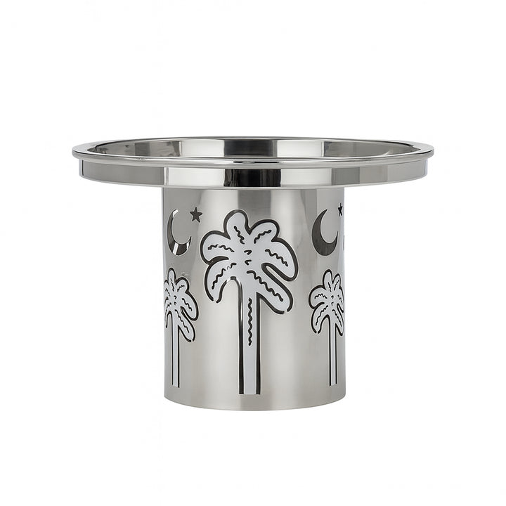 Stainless steel cup holder with palm tree and moon designs on a white background