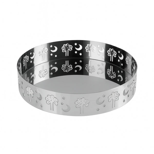 Metallic tiara with palm tree and moon designs on a white background
