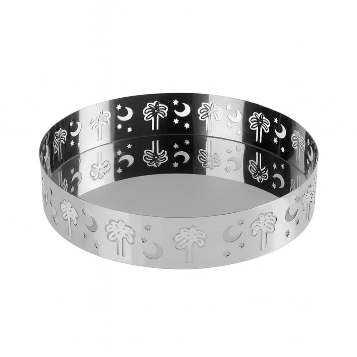 Metallic tiara with palm tree and moon designs on a white background