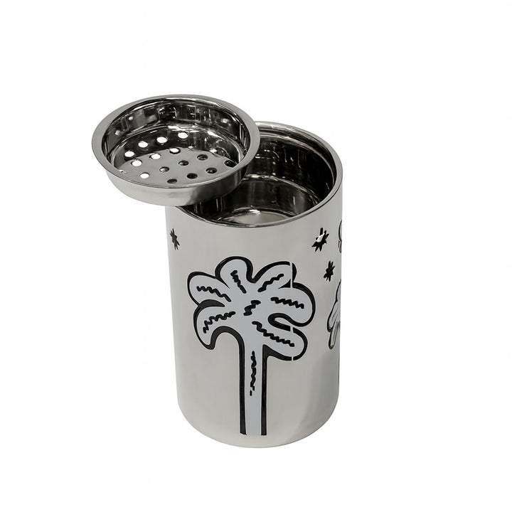 Metallic container with floral design on a white background