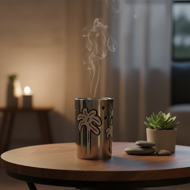 Decorative metal diffuser emitting steam on a wooden table with a blurred indoor background