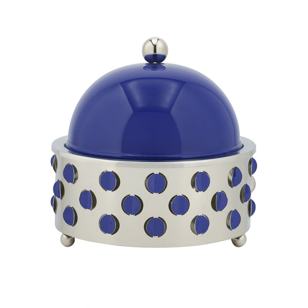 Decorative container with blue polka dot design on a white background