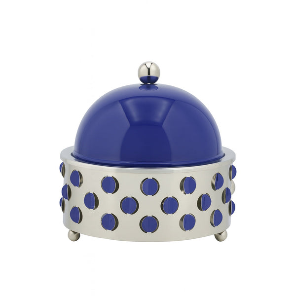 Decorative object with blue polka dot design on a white background