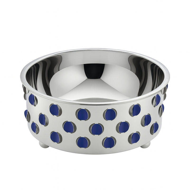 Silver bowl with blue polka dot pattern on a white background
