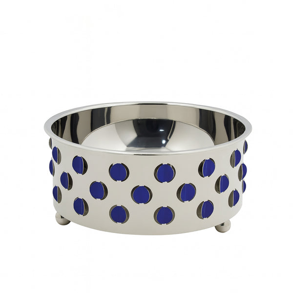 Silver bowl with blue polka dots on a white background