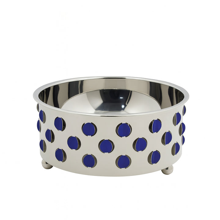 Silver bowl with blue polka dots on a white background