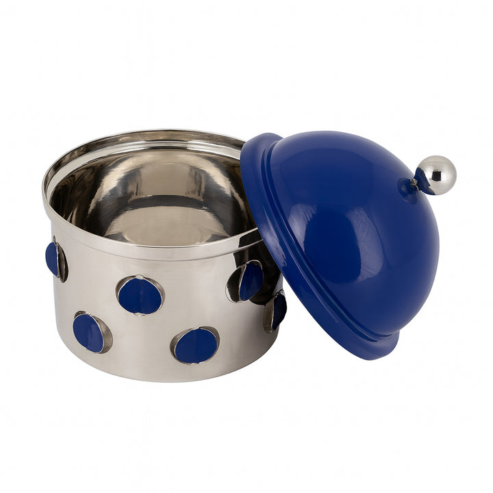 Metal container with blue accents and a blue lid on a white background