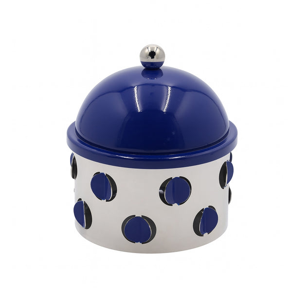 Decorative container with blue polka dots and a blue lid on a white background
