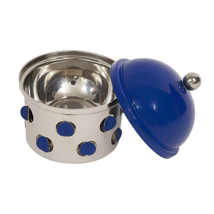 Metal container with blue polka dot design and a blue lid on a white background