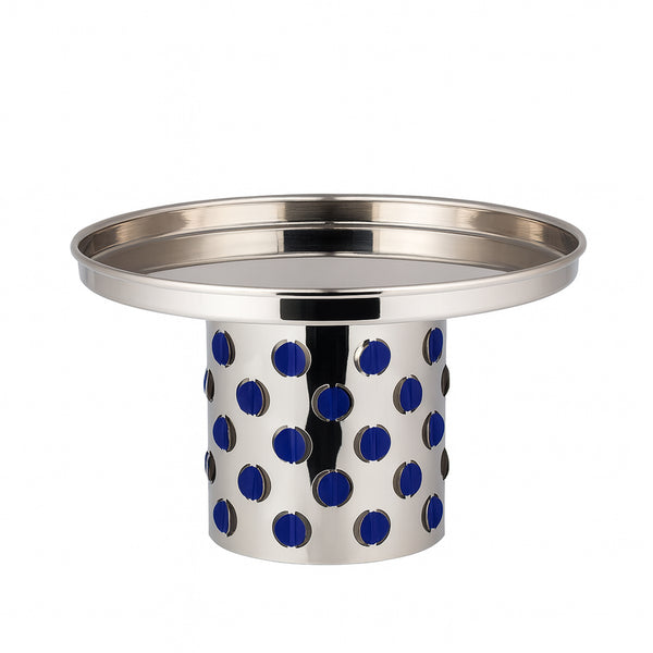 Silver tray with blue circular patterns on a white background