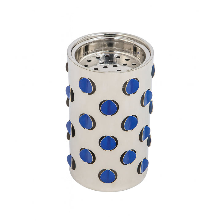 Silver container with blue polka dots on a white background