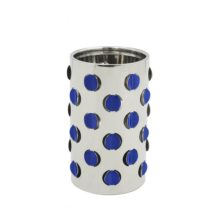 Silver cylindrical container with blue and black polka dot pattern on a white background