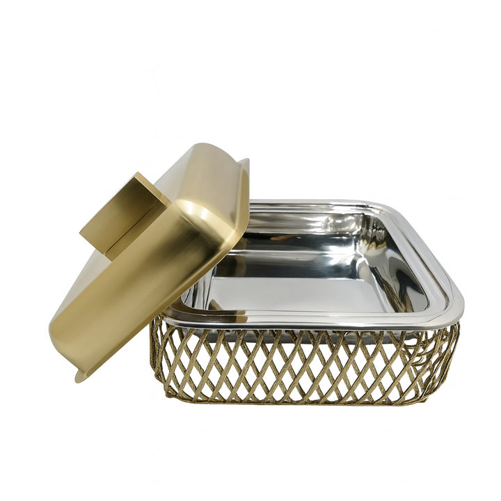 Metallic container with gold lid and base on a white background
