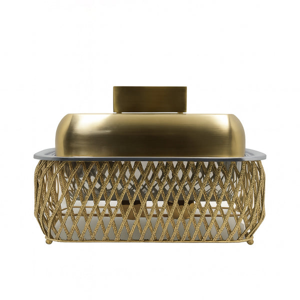 Gold decorative box with lattice design on a white background