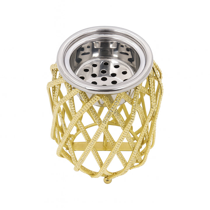 Gold metal holder with a silver top on a white background