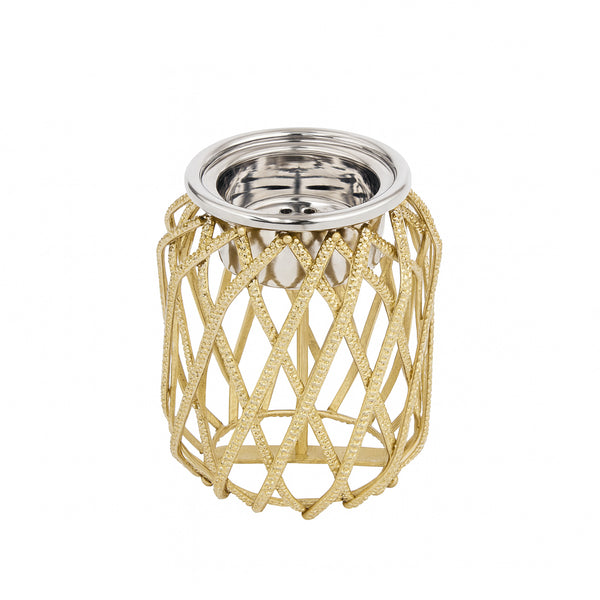 Gold lattice-patterned candle holder with silver top on a white background