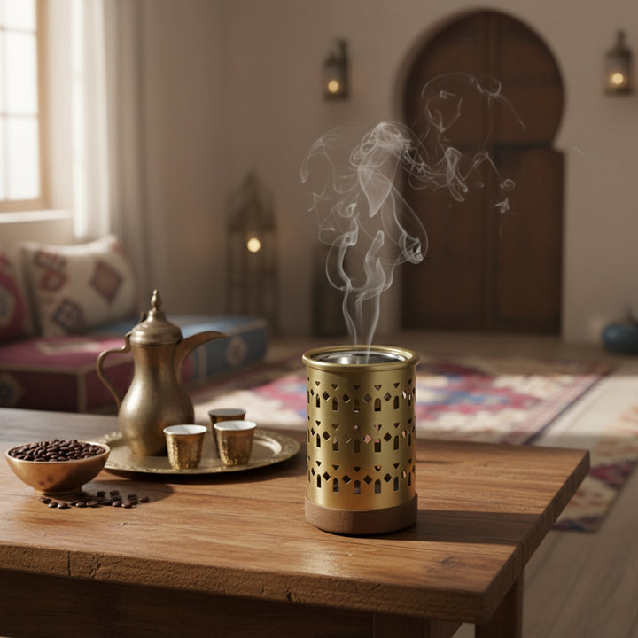 Decorative lantern with smoke on a wooden table in a cozy room.