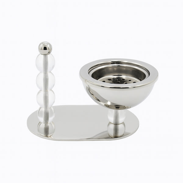 Silver incense burner with a tall cylindrical holder on a white background