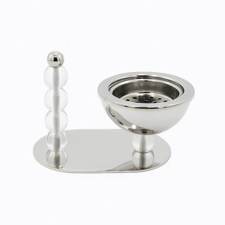 Silver incense burner with a tall cylindrical holder on a white background