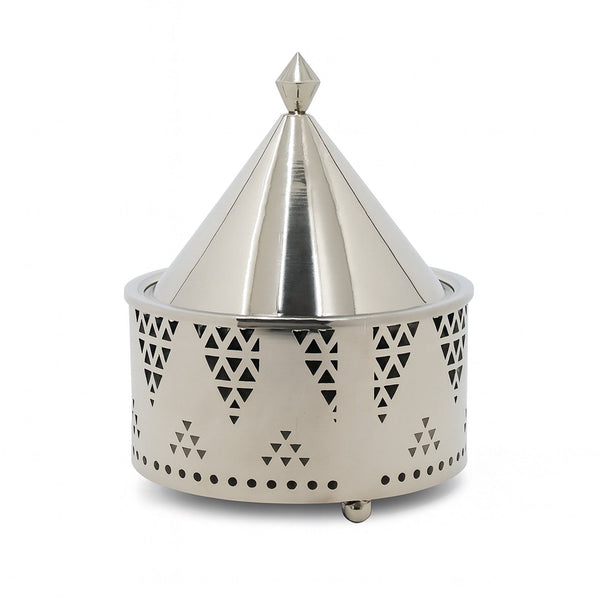 Metallic decorative object with geometric patterns on a white background