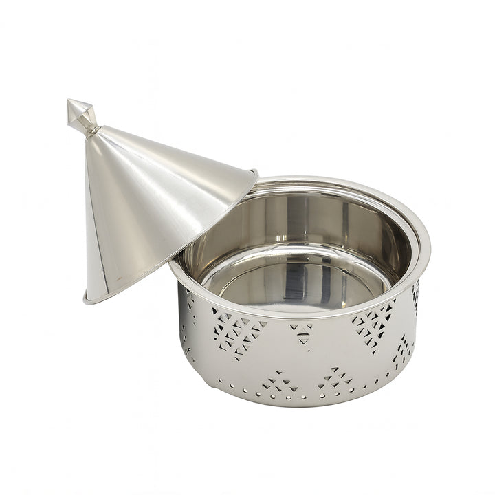 Stainless steel container with a perforated design and cone-shaped lid on a white background