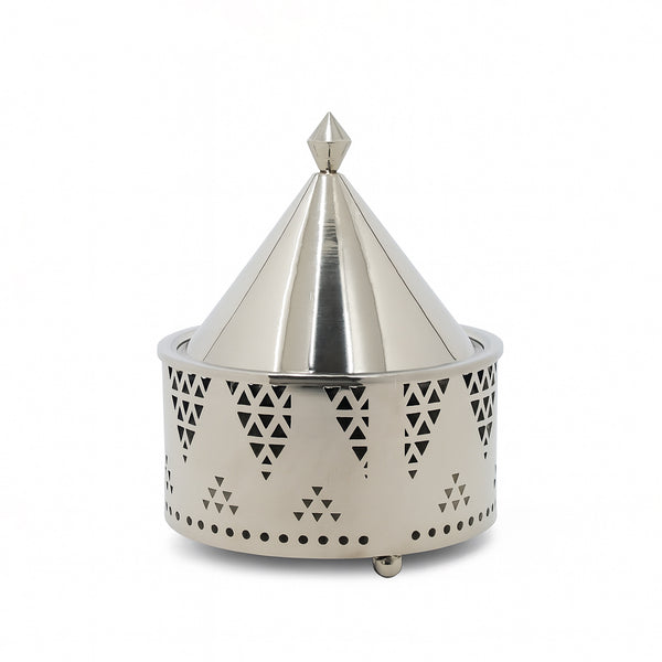 Metallic decorative object with geometric patterns on a white background