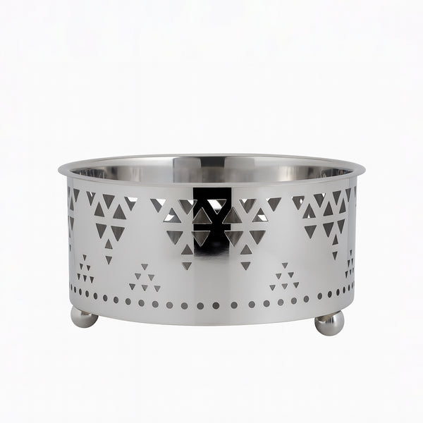 Metal fire pit with geometric design on a white background