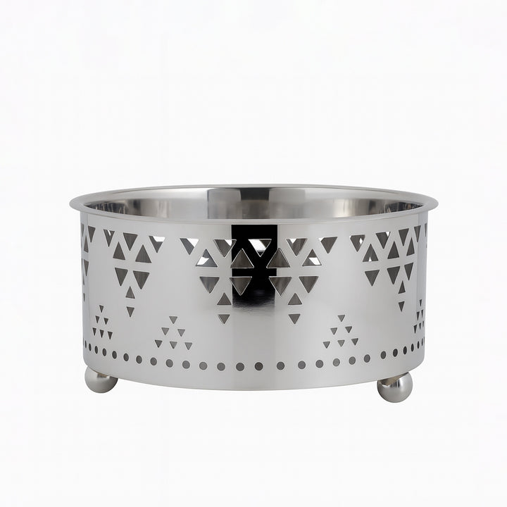 Metal fire pit with geometric design on a white background