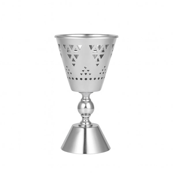 Silver decorative candle holder with geometric design on a white background