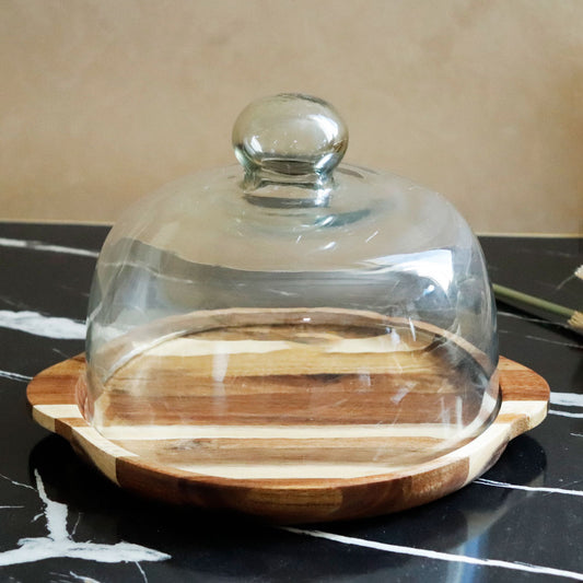 GLASS WOODEN CAKE STAND W/DOME
