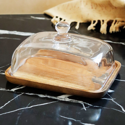 WOODEN CAKE STAND W/GLASS DOME