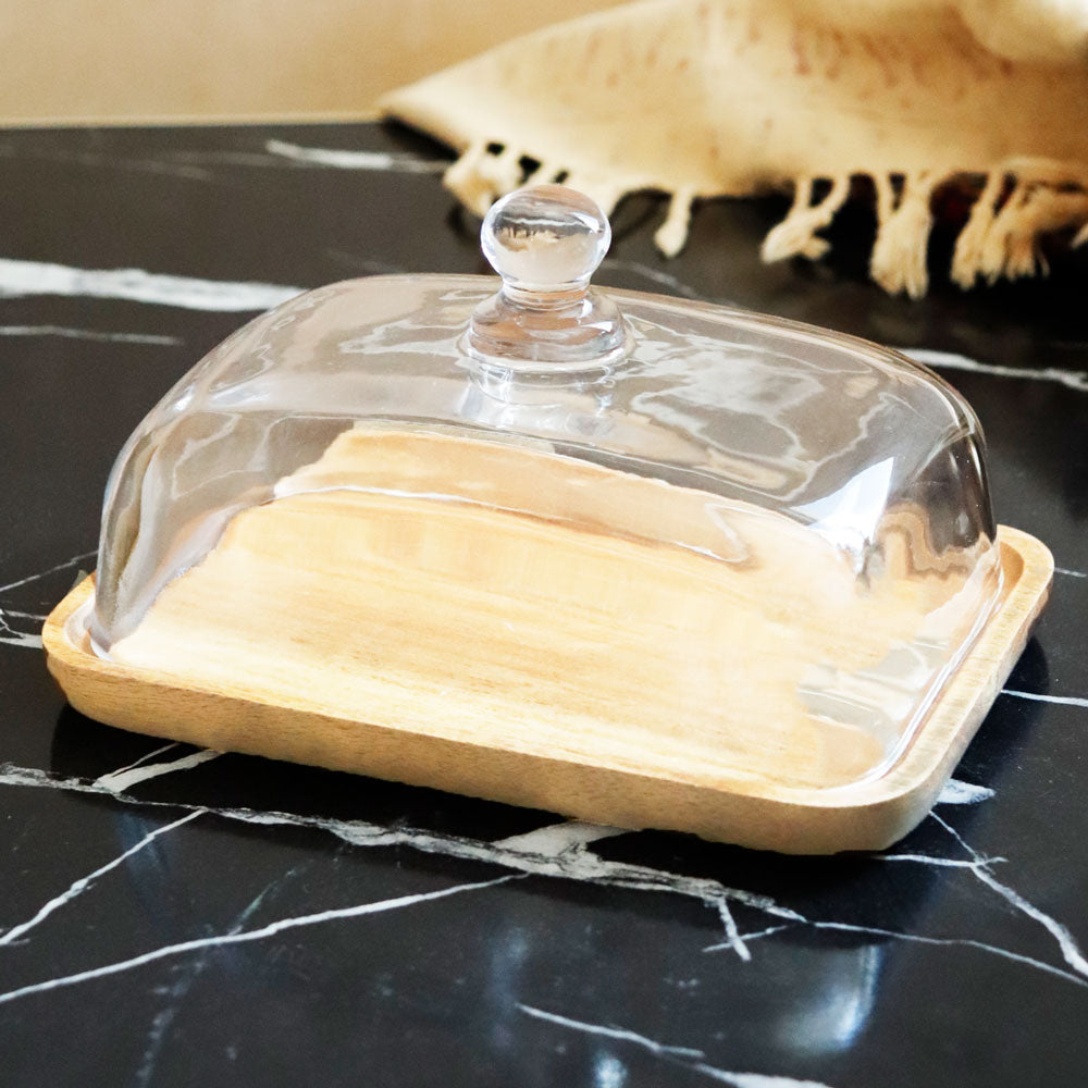 WOODEN CAKE STAND W/GLASS DOME