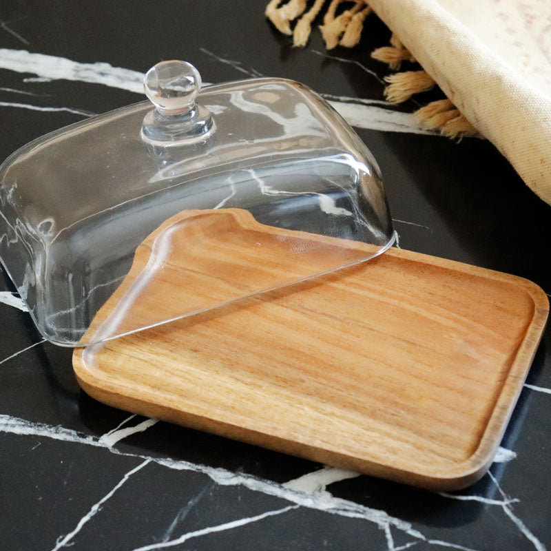 WOODEN CAKE STAND W/GLASS DOME