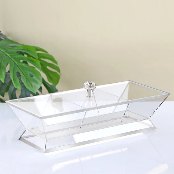 Acrylic Candy Box – 3-Part Clear Serving Dish with Silver Line & Lid – 38cm (L) × 17cm (W) – RT1022S