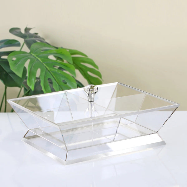 Acrylic Candy Box – 4-Part Clear Serving Dish with Silver Line & Lid – 30cm (L) × 26cm (W) – RT1033S
