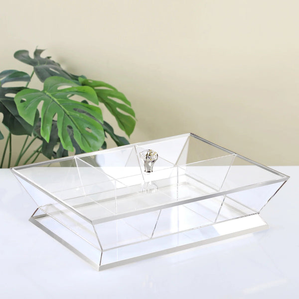 RT1044S - Acrylic Candy Bowl with 6 Compartments – Clear Design with Silver Line & Lid – 39cm (L) × 30cm (W)