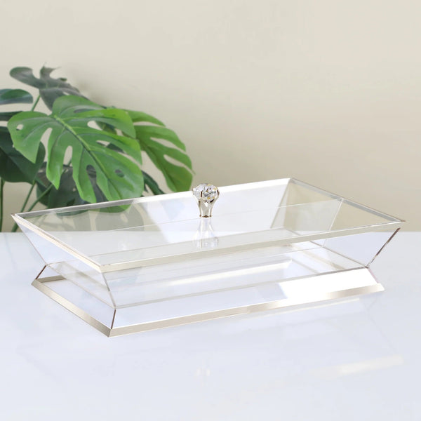 Acrylic Fruit Box – 2-Part Clear Serving Dish with Silver Line & Lid – 40cm (L) × 26cm (W) – RT1055S