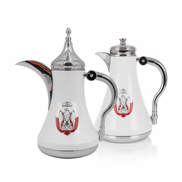 TND-AD-WHS Vacuum Flask 2-Piece Set (1L + 1L) – White & Silver Finish with Abu Dhabi Logo Design