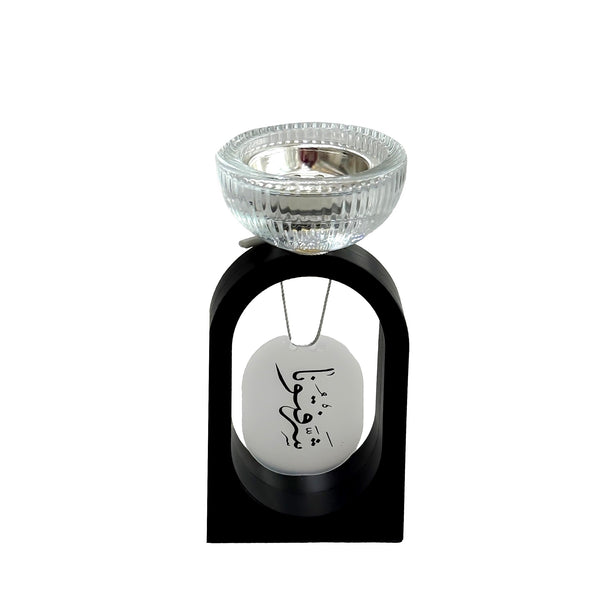 NF-36117-P Incense Burner – Modern Black Arch Base with Ribbed Glass Bowl – Elegant Decorative Bakhoor Holder