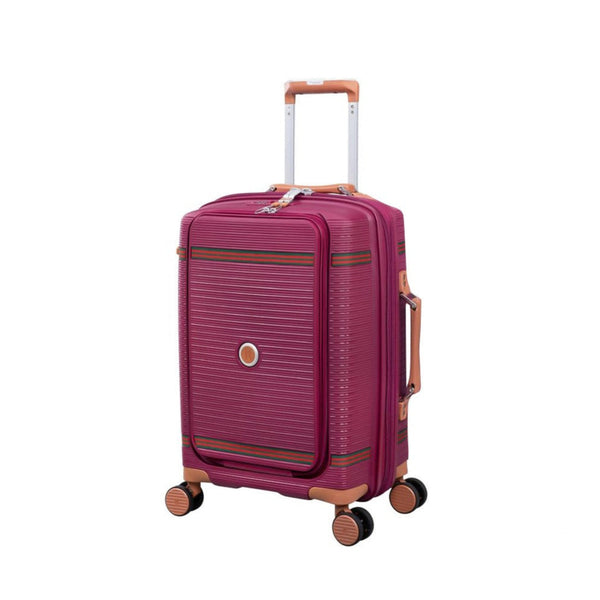 it luggage 21" Cabin Trolley Bag – Hard Case Expandable Spinner Luggage with Front Pocket, TSA Lock, PP Shell, SKU 15-3108-08, Burgundy with Green/Red Webbing