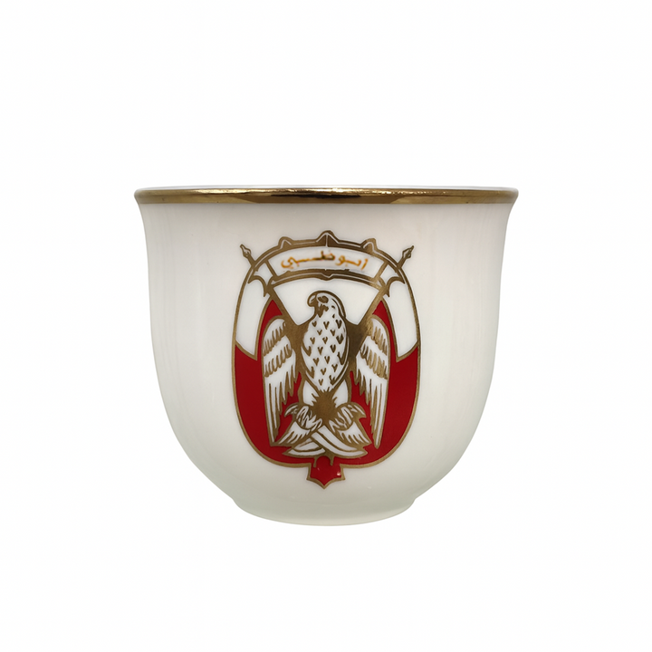 Ceramic cup with an eagle emblem on a white background